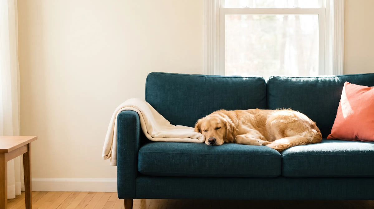 A golden retriever asleep on a clean teal sofa