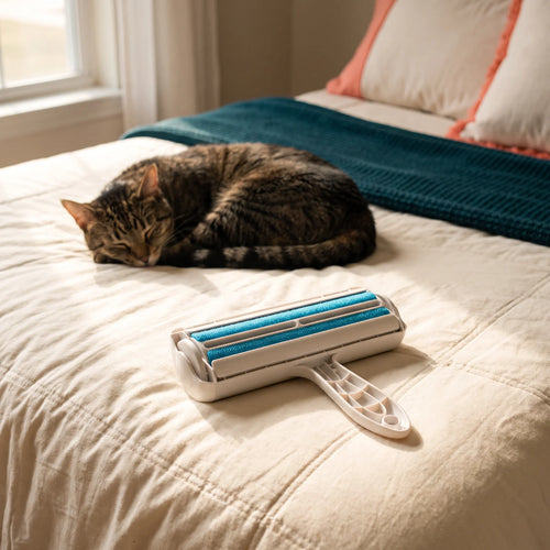 Pet hair roller in use